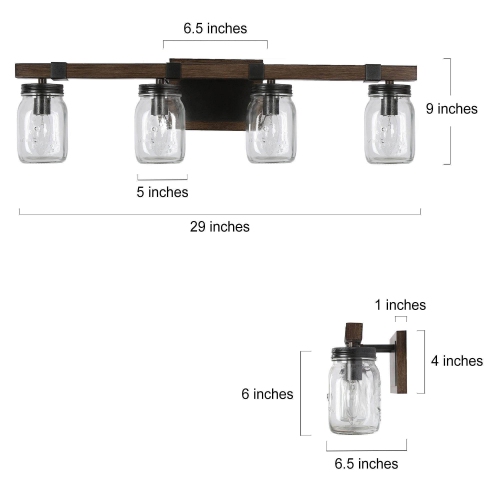 Farmhouse 4-Light Wood Linear Bathroom Vanity Lights Mason Jars Wall Sconces