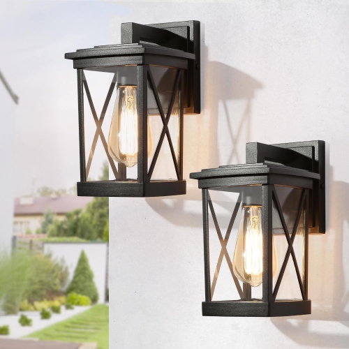 LNC  2-Pack Modern X-Shape Outdoor Wall Lantern Square Glass Wall Sconces In Black
