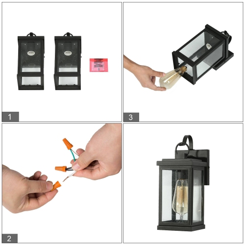 Set of 2 Mid-Century Modern Seeded Glass Black Geometric Outdoor Wall Lantern