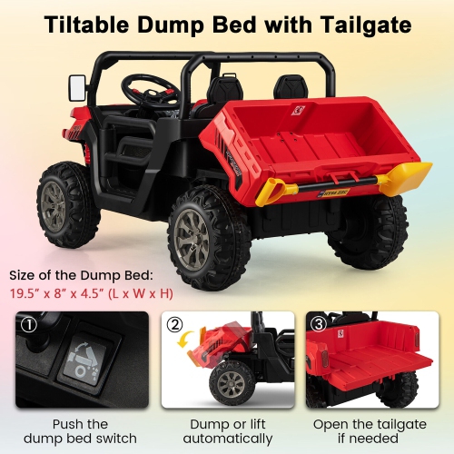 Gymax 12V 2 Seater Ride On UTV Dump Truck Remote w/ Electric Dump Bed & Shovel Red