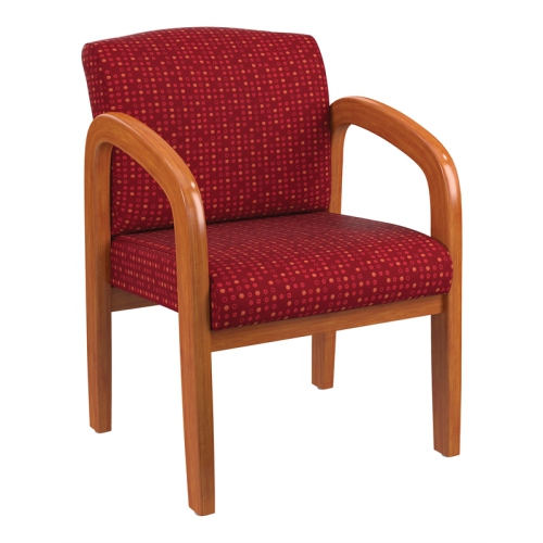 Image 1 de 3.. Fauteuil visiteur en bois au fini chêne moyen, tissu à motifs rubis au ton finement Tune