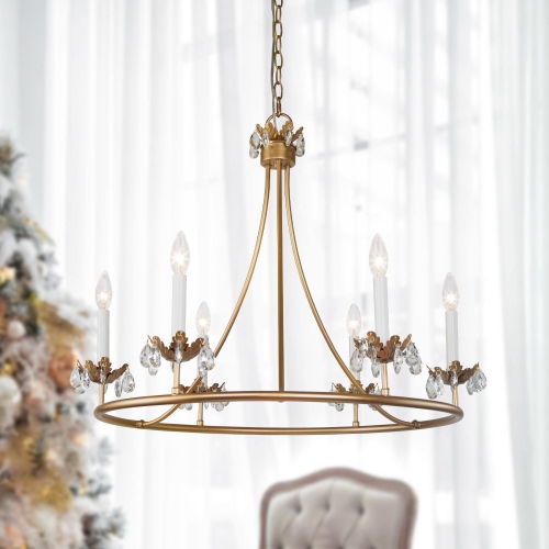 Image 1 of 7.. Mid-century Modern 6-Light Candle Chandelier Wagon Wheel Circle Metal for Dining Room