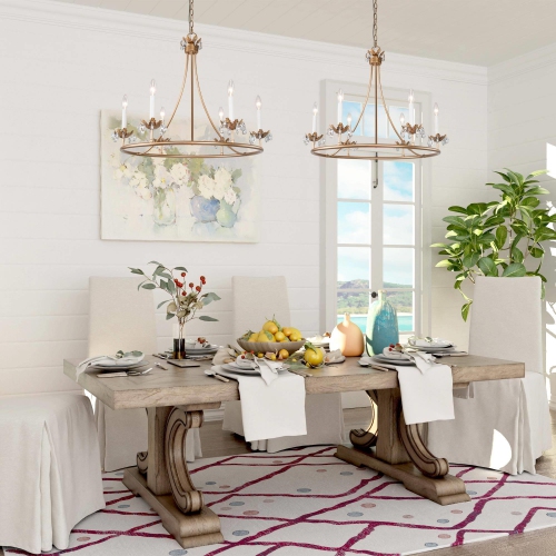 Mid-century Modern 6-Light Candle Chandelier Wagon Wheel Circle Metal for Dining Room