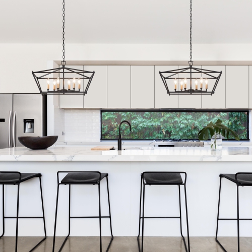 Modern Black Gold 6-Light Geometric Lantern Chandelier Linear Island Lights