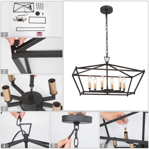 Modern Black Gold 6-Light Geometric Lantern Chandelier Linear Island Lights