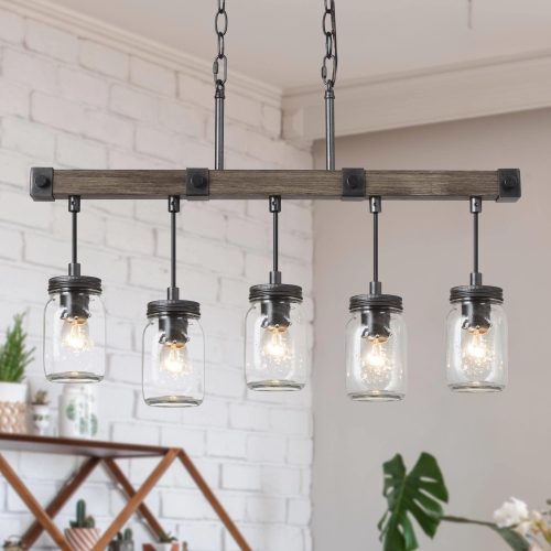 LNC  Modern Farmhouse 25.5" Chandelier 5-Light Jar Glass Linear Island Lights for Dining Room