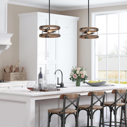 Modern Farmhouse 2-Light Wood Drum Chandelier Hanging Pendant Lights