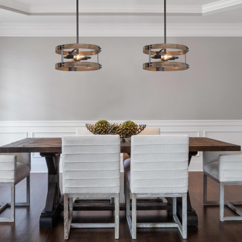 Modern Farmhouse 2-Light Wood Drum Chandelier Hanging Pendant Lights