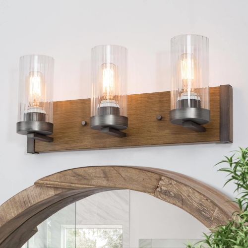 Modern Farmhouse 3-Light Glass Bathroom Vanity Light Faux Wood Wall Sconce