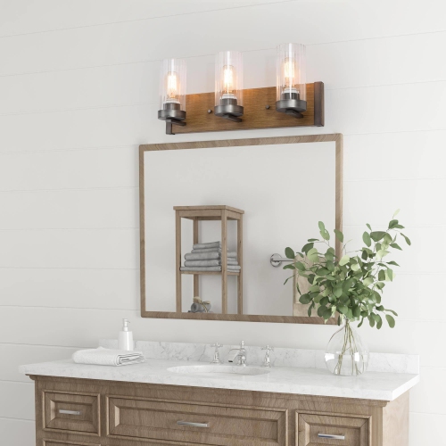 Modern Farmhouse 3-Light Glass Bathroom Vanity Light Faux Wood Wall Sconce