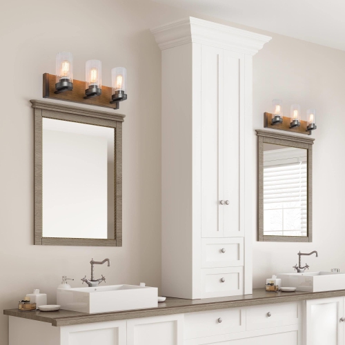 Modern Farmhouse 3-Light Glass Bathroom Vanity Light Faux Wood Wall Sconce
