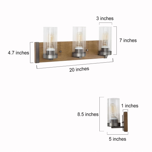 Modern Farmhouse 3-Light Glass Bathroom Vanity Light Faux Wood Wall Sconce
