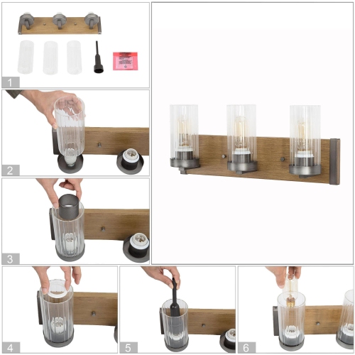 Modern Farmhouse 3-Light Glass Bathroom Vanity Light Faux Wood Wall Sconce