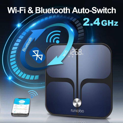 Runcobo Digital Scale, Smart Fitness Bathroom Scales for Body Weight, Body Fat, Muscle Mass, Water Weight, BMI, BMR, Free App, Bluetooth and Wi-Fi