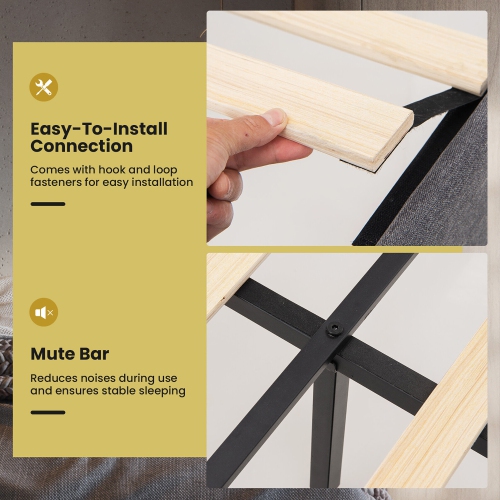 Cadre de lit plateforme entièrement rembourré de marque Gymax avec support de lattes pouf/coffre de rangement gris