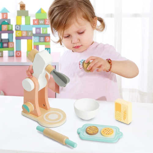 TOOKYLAND Wooden Stand Mixer Playset - 7pcs - Play Kitchen Toy for Pretend Baking with Accessories, Ages 3+