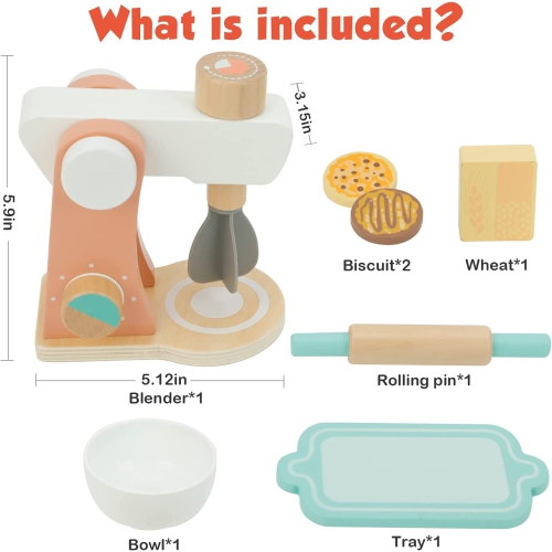 TOOKYLAND Wooden Stand Mixer Playset - 7pcs - Play Kitchen Toy for Pretend Baking with Accessories, Ages 3+