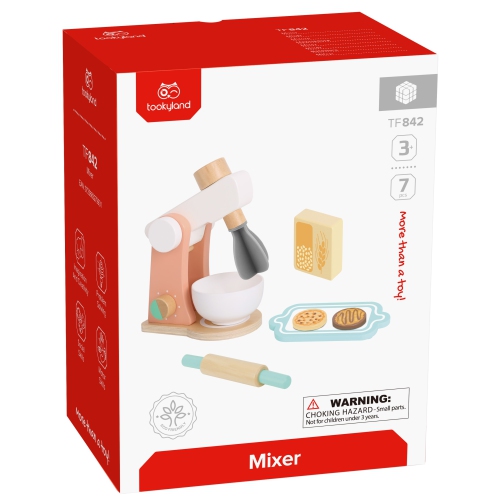 TOOKYLAND Wooden Stand Mixer Playset - 7pcs - Play Kitchen Toy for Pretend Baking with Accessories, Ages 3+