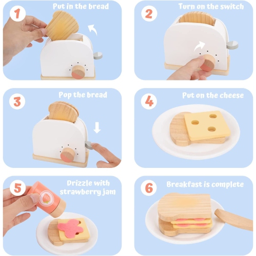 TOOKYLAND Grille-Pain Jouet en Bois - 10pcs - Ensemble de Jeu de Cuisine avec Aliments Factices et Accessoires, 3 Ans +