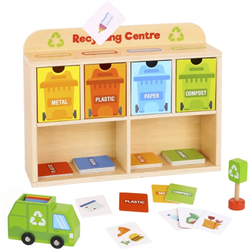 TOOKYLAND Wooden Recycling Center Playset - 39pcs - Truck, Sorting Bins and Accessories, Ages 3+