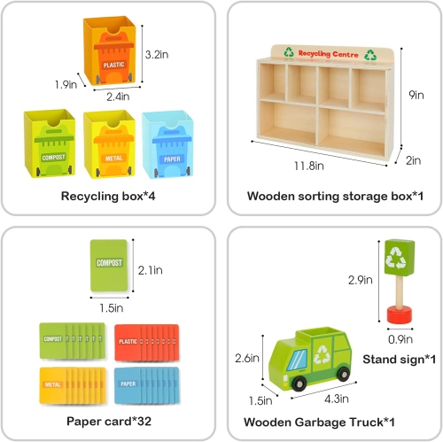 TOOKYLAND Wooden Recycling Center Playset - 39pcs - Truck, Sorting Bins and Accessories, Ages 3+