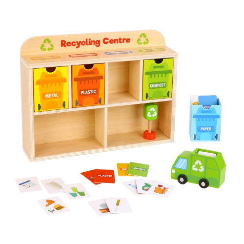 TOOKYLAND Wooden Recycling Center Playset - 39pcs - Truck, Sorting Bins and Accessories, Ages 3+