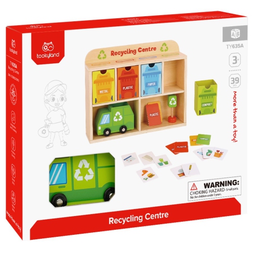 TOOKYLAND Wooden Recycling Center Playset - 39pcs - Truck, Sorting Bins and Accessories, Ages 3+