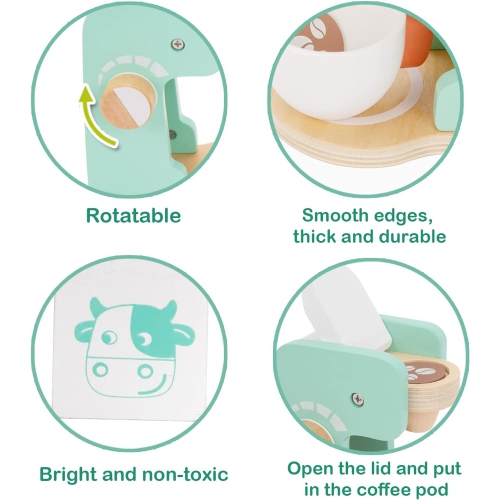 TOOKYLAND Wooden Coffee Maker Playset - 7pcs - Coffee Making Play Kitchen Toy with Accessories, Ages 3+