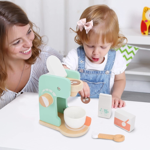 TOOKYLAND Wooden Coffee Maker Playset - 7pcs - Coffee Making Play Kitchen Toy with Accessories, Ages 3+