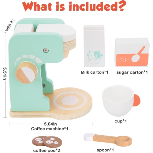 TOOKYLAND Wooden Coffee Maker Playset - 7pcs - Coffee Making Play Kitchen Toy with Accessories, Ages 3+