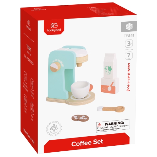 TOOKYLAND Wooden Coffee Maker Playset - 7pcs - Coffee Making Play Kitchen Toy with Accessories, Ages 3+