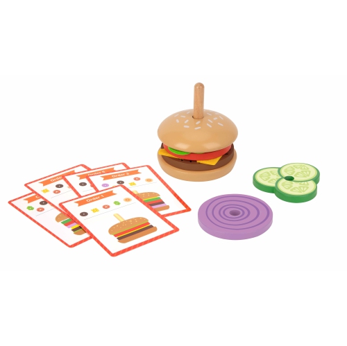 TOOKYLAND Wooden Hamburger Stacking Toy - 15pcs - Play Food Burger Stacker with Order Cards, 3+ Year Old