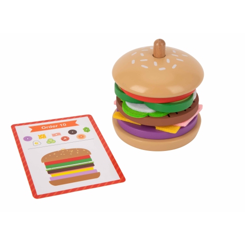 TOOKYLAND Wooden Hamburger Stacking Toy - 15pcs - Play Food Burger Stacker with Order Cards, 3+ Year Old