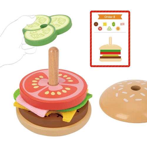 TOOKYLAND Wooden Hamburger Stacking Toy - 15pcs - Play Food Burger Stacker with Order Cards, 3+ Year Old