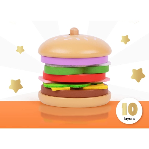 TOOKYLAND Wooden Hamburger Stacking Toy - 15pcs - Play Food Burger Stacker with Order Cards, 3+ Year Old
