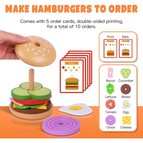 TOOKYLAND Wooden Hamburger Stacking Toy - 15pcs - Play Food Burger Stacker with Order Cards, 3+ Year Old