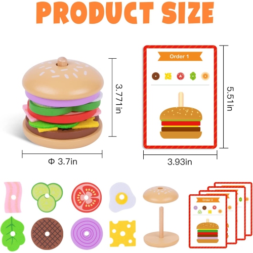 TOOKYLAND Wooden Hamburger Stacking Toy - 15pcs - Play Food Burger Stacker with Order Cards, 3+ Year Old