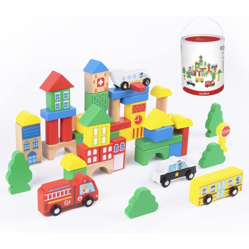 TOOKYLAND Wooden City Building Blocks - 50pcs - Wood Construction Stacking  Set, Toy for Kids 2 Years Old +