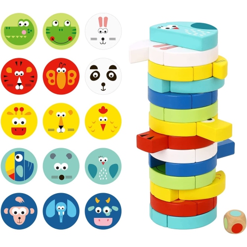 TOOKYLAND Tour à Empiler en Bois - 61pcs - Jeu de Blocs avec Cartes de Référence et Dé, 3 Ans +