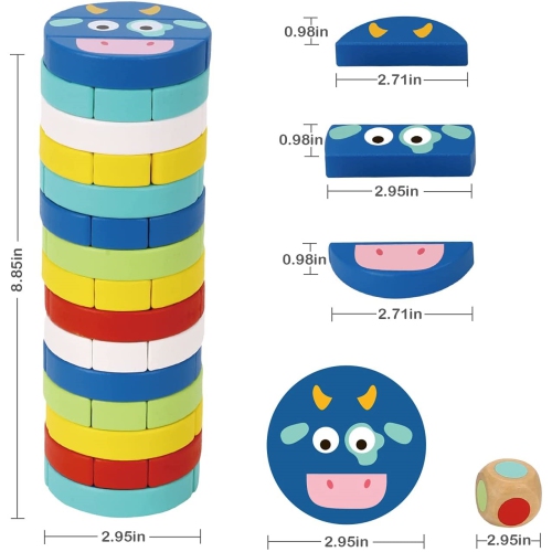 TOOKYLAND Tour à Empiler en Bois - 61pcs - Jeu de Blocs avec Cartes de Référence et Dé, 3 Ans +