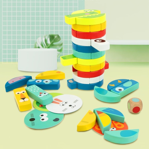 TOOKYLAND Tour à Empiler en Bois - 61pcs - Jeu de Blocs avec Cartes de Référence et Dé, 3 Ans +