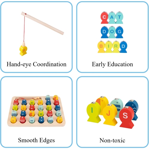 TOOKYLAND Jeu de Pêche Magnétique en Bois - 29pcs - Jouet de Tri Éducatif Alphabet et Épellation pour Enfants de 3 Ans +