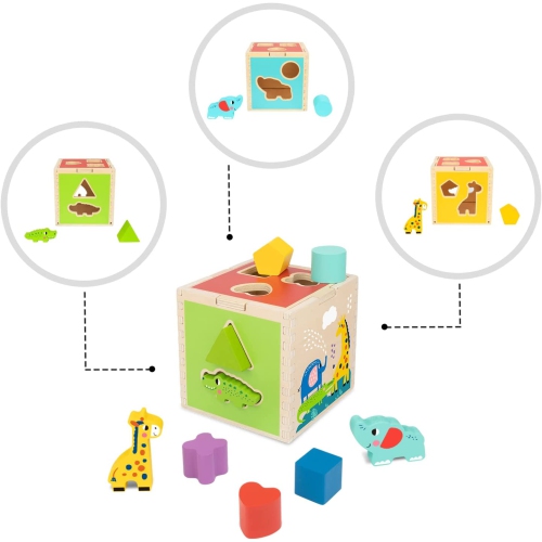 TOOKYLAND Cube Trieur de Formes en Bois - 11pcs - Jouet de Tri avec Blocs en Animaux et Formes Variées, 12 Mois +