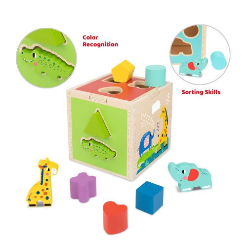 TOOKYLAND Cube Trieur de Formes en Bois - 11pcs - Jouet de Tri avec Blocs en Animaux et Formes Variées, 12 Mois +