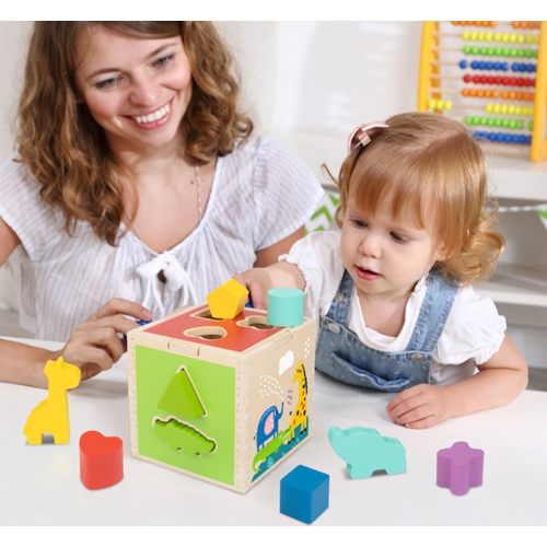 TOOKYLAND Cube Trieur de Formes en Bois - 11pcs - Jouet de Tri avec Blocs en Animaux et Formes Variées, 12 Mois +