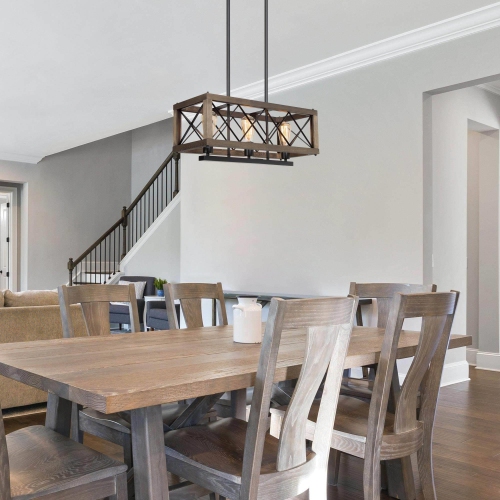 Farmhouse 3-Light Linear Wood Island Chandelier Kitchen Hanging Lights