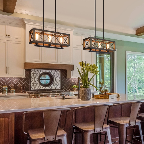 Farmhouse 3-Light Linear Wood Island Chandelier Kitchen Hanging Lights