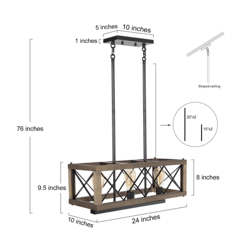 Farmhouse 3-Light Linear Wood Island Chandelier Kitchen Hanging Lights
