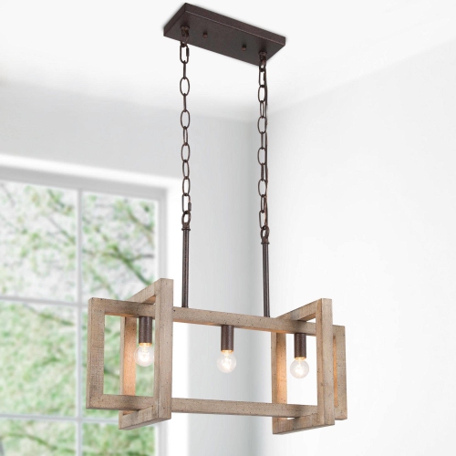 Farmhouse Wood Linear 3-Light Chandelier Island Lights for Dining Room