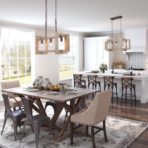 Farmhouse Wood Linear 3-Light Chandelier Island Lights for Dining Room